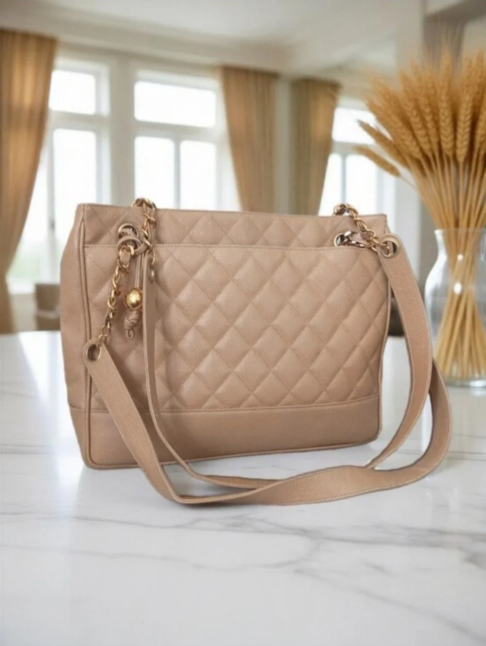Chanel Vintage Beige Caviar Leather Quilted Tote 24K Gold Plated ✨️ COA